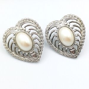 Vintage signed Park Lane heart faux pearl stud earrings